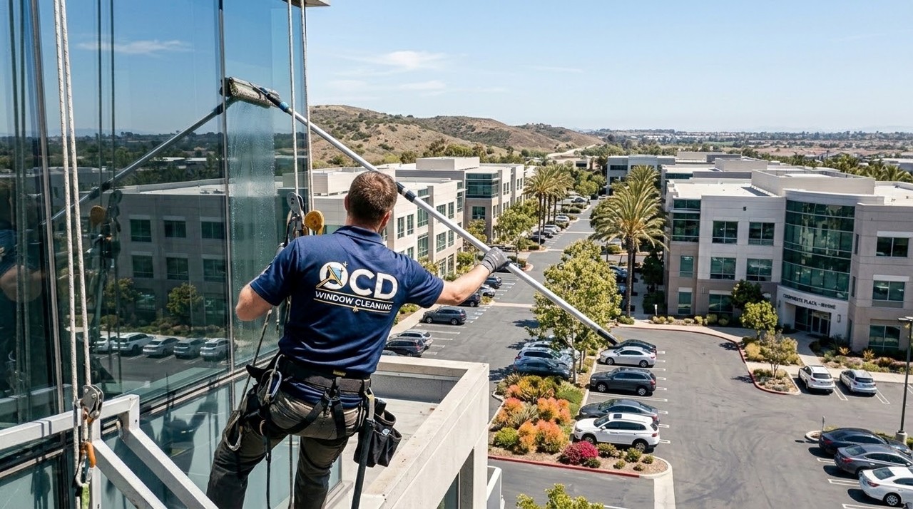 Picture of OCD Window Cleaning washing a mirrored building in Anaheim Hills, CA.